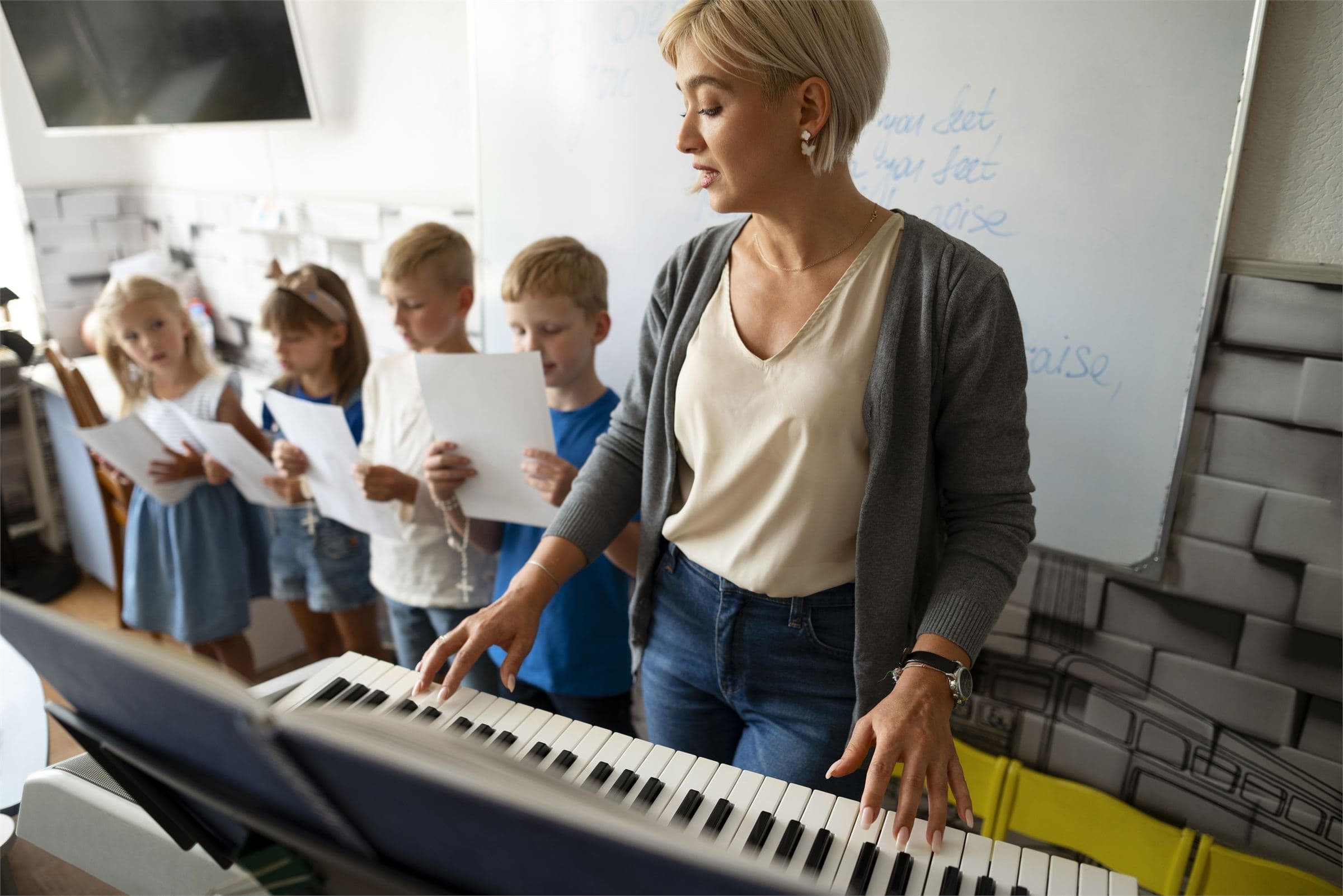 Profesora y alumnos alrededor de un piano en una clase de música